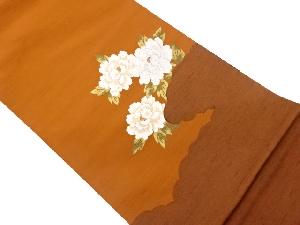 手織り紬牡丹に雲模様織出し洒落袋帯